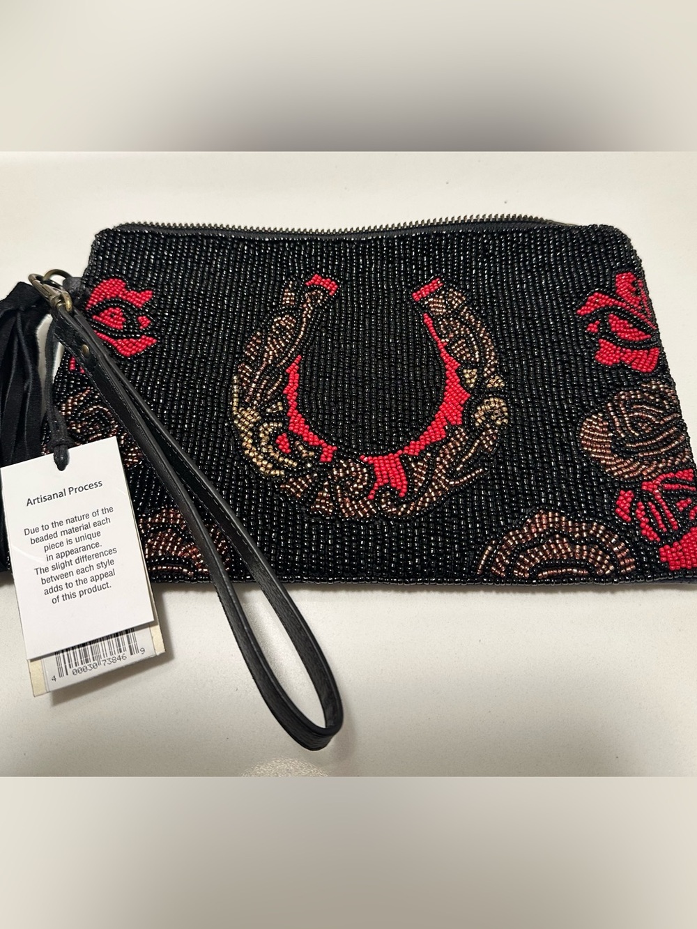 Idyllwind Black Beaded Wristlet Clutch with Red and Gold Embroidery
